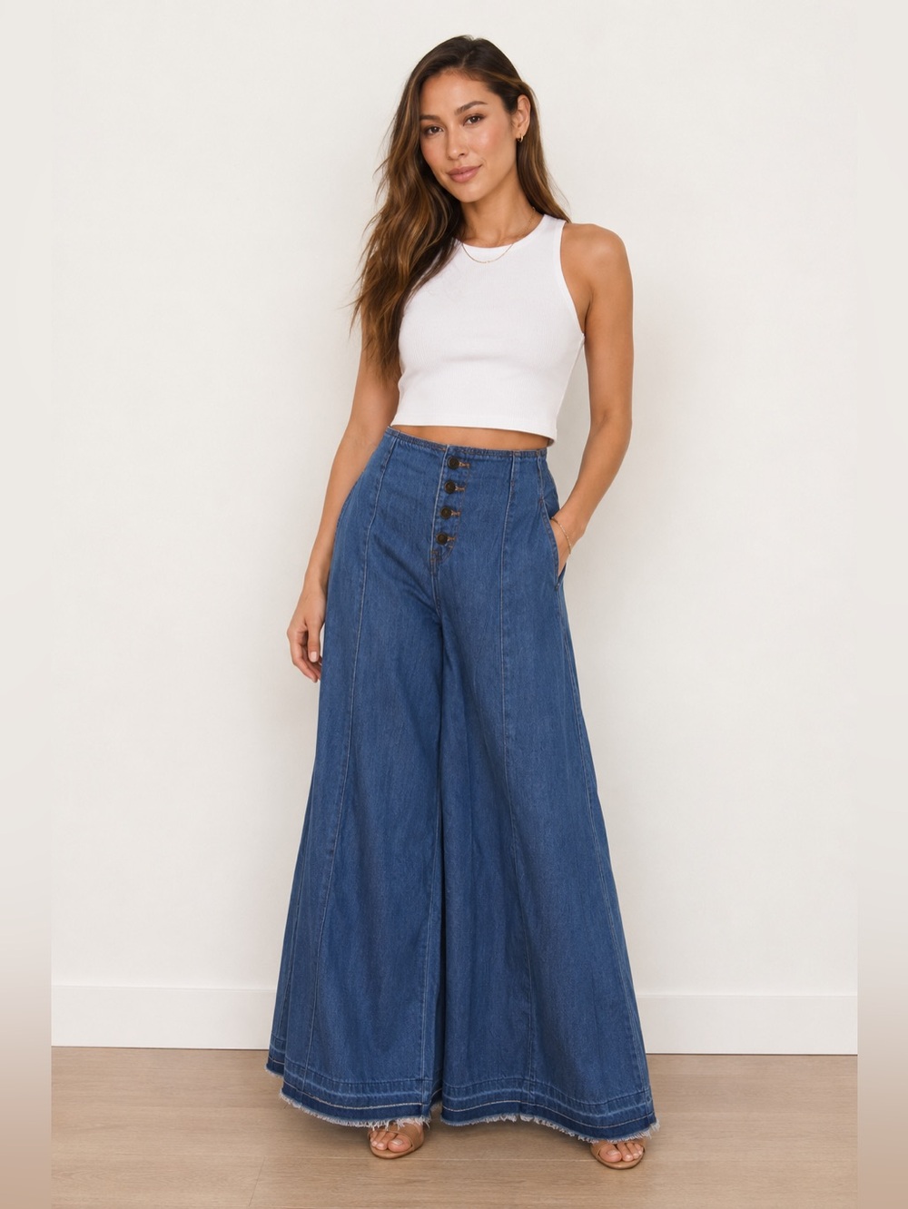 Free People Button-Front High-Rise Wide Leg Jeans Size W26